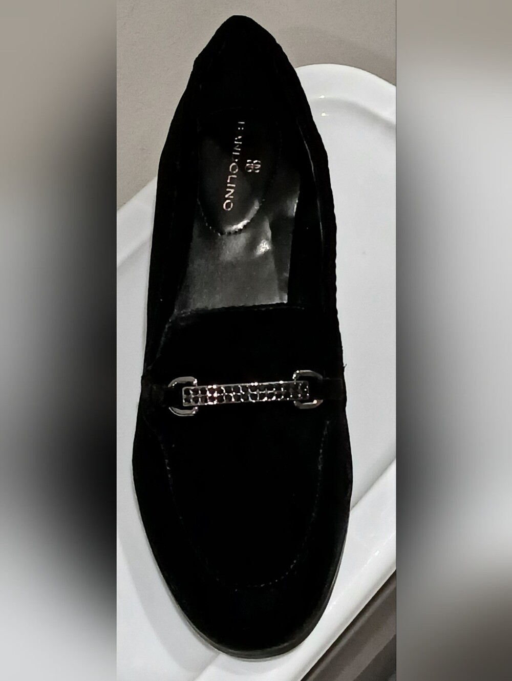 New W/O Tags. Bandolina Black Velvet Loafer with Silver Jeweled Accent